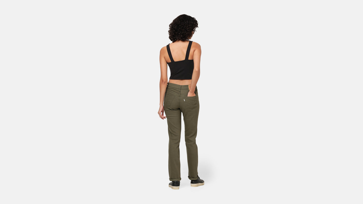 Woman in Olive green jeans and tank back view