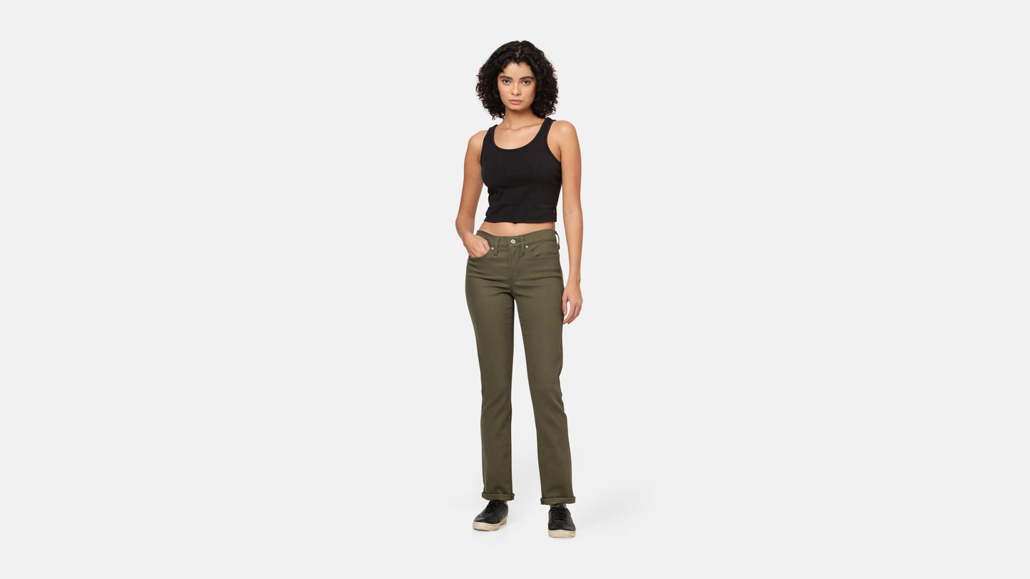 Woman in Olive green straight jeans and tank