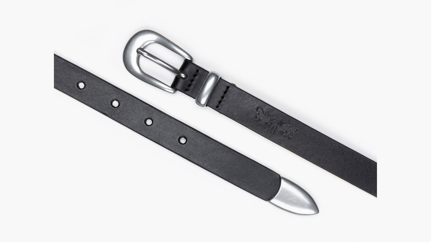 Close-up image of black Levi's leather belt