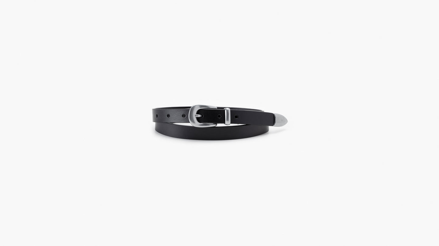 Close-up image of black Levi's belt with silver buckle