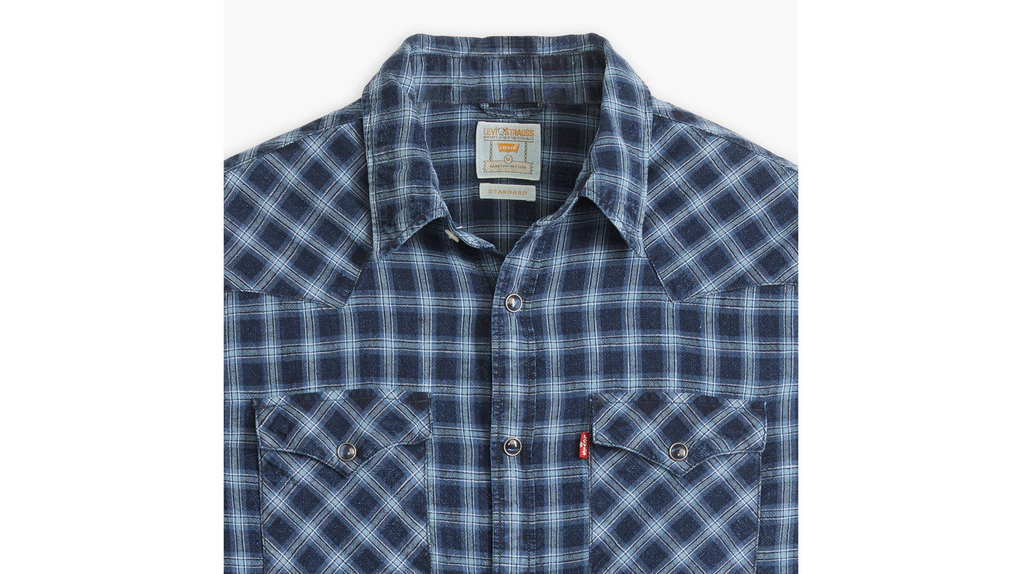 Close-up of Levi's standard plaid overshirt in blue