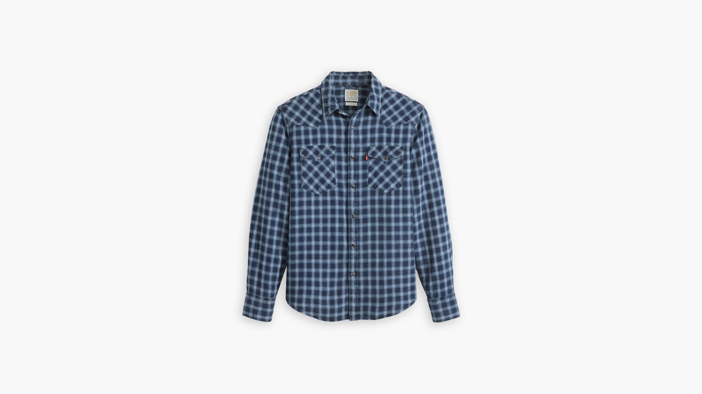 Blue plaid long-sleeve shirt with snap buttons