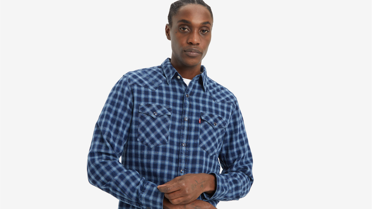 Man in blue plaid button-up shirt
