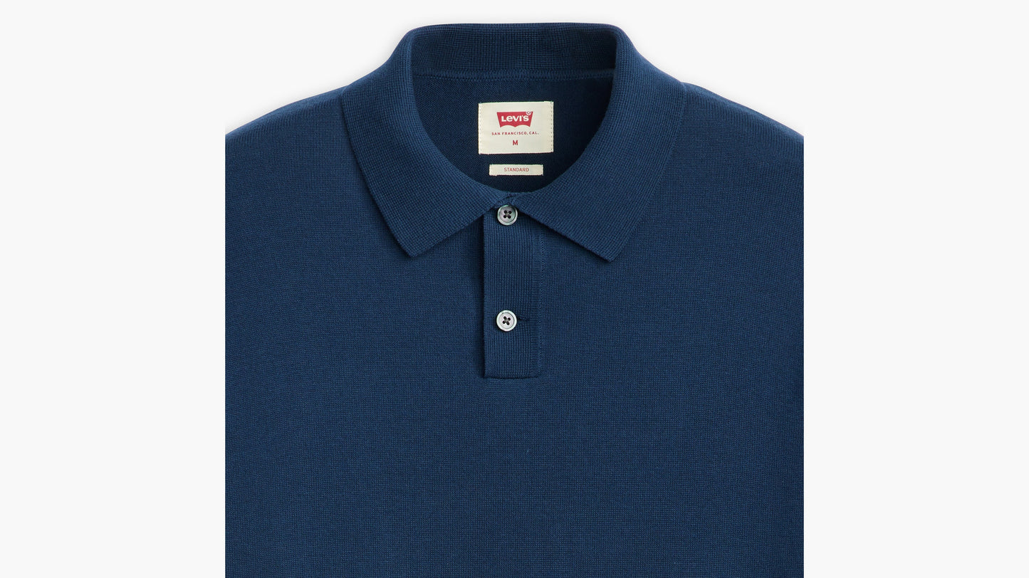Close-up of blue Levi's Men's sweater knit polo collar