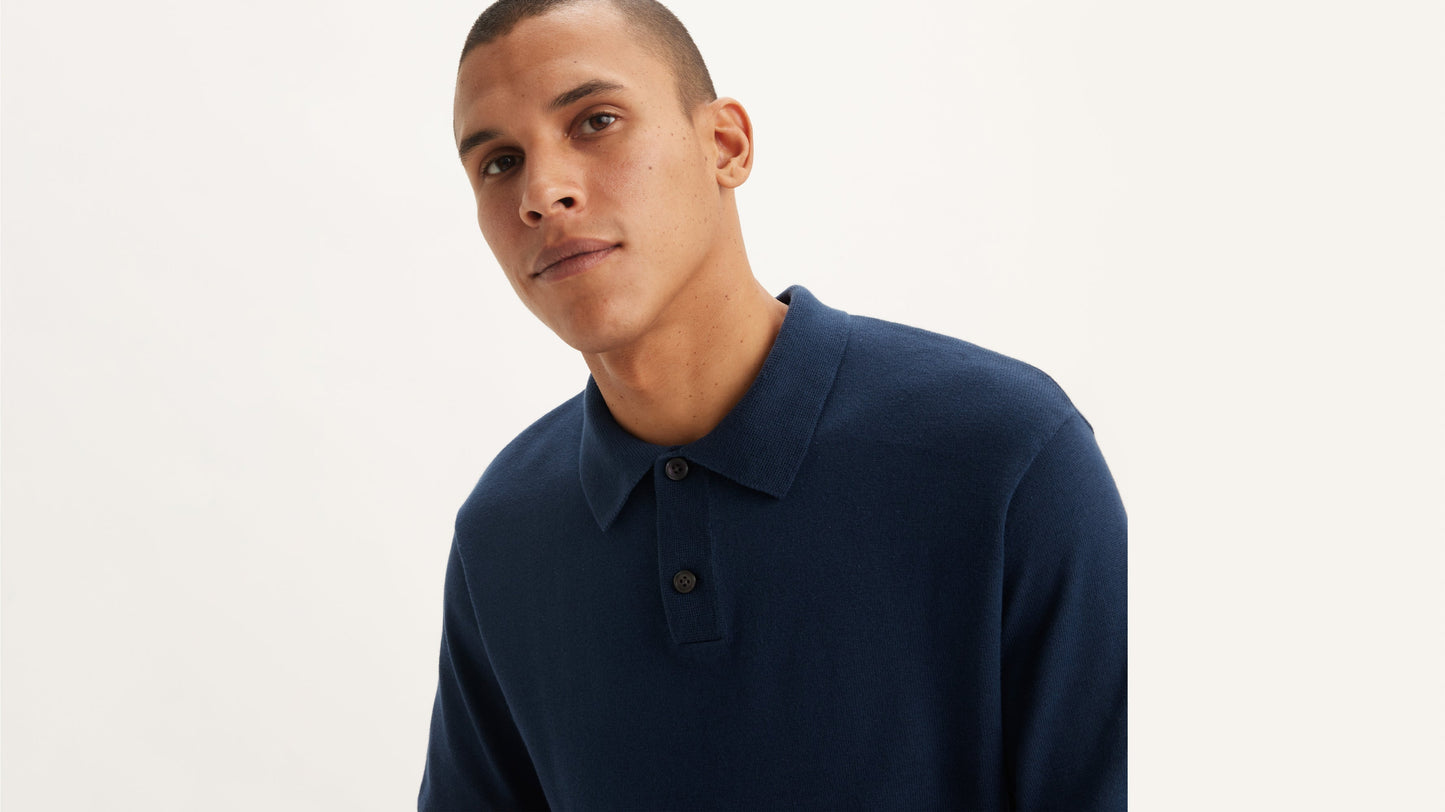 Close-up of man in blue Levi's Men's sweater knit polo