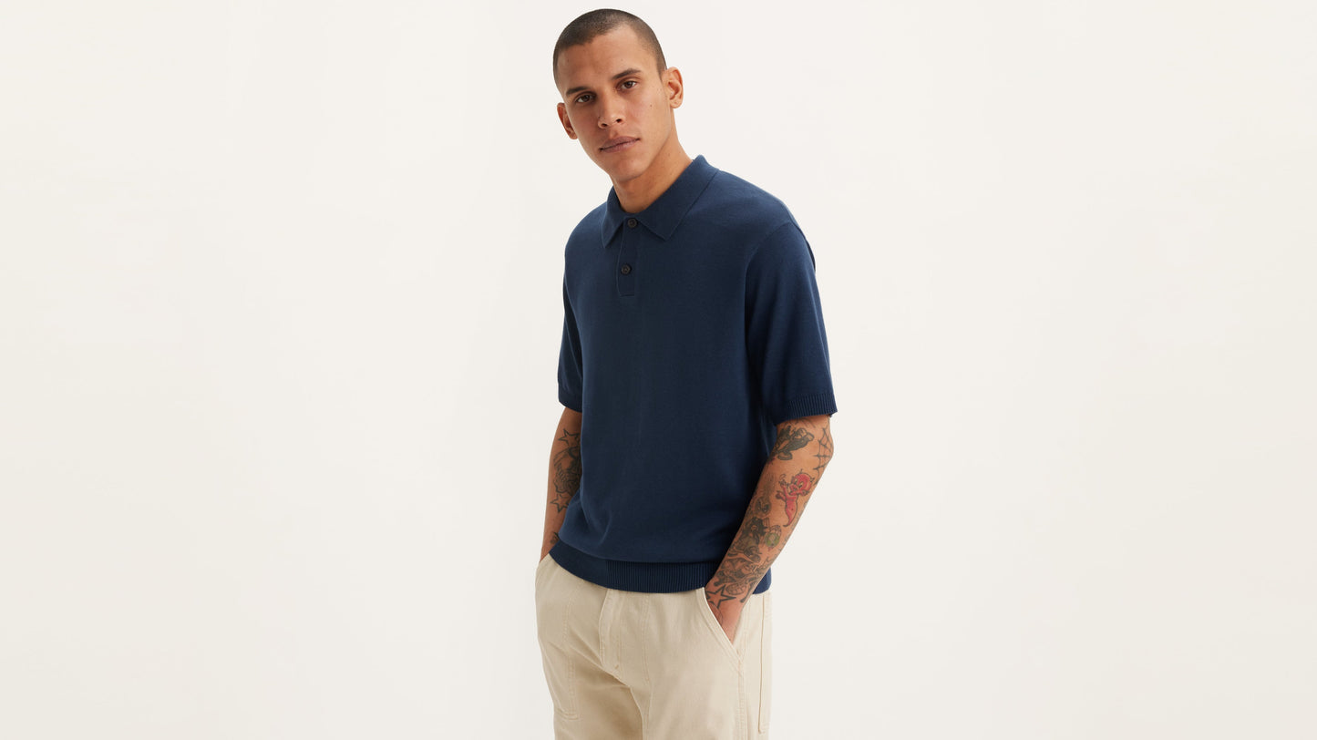 Man in blue Levi's sweater knit polo