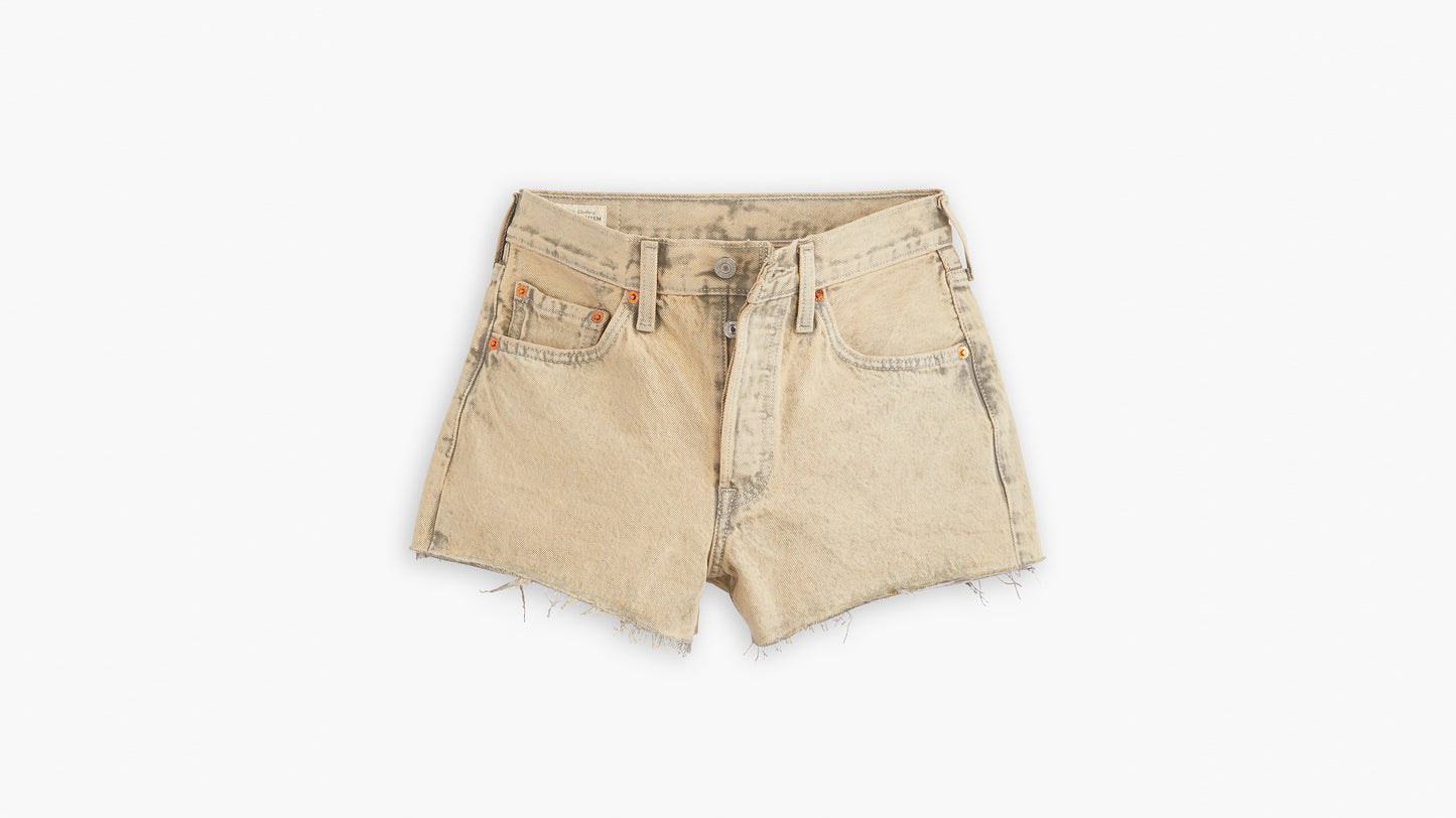 Beige distressed denim shorts with raw hem