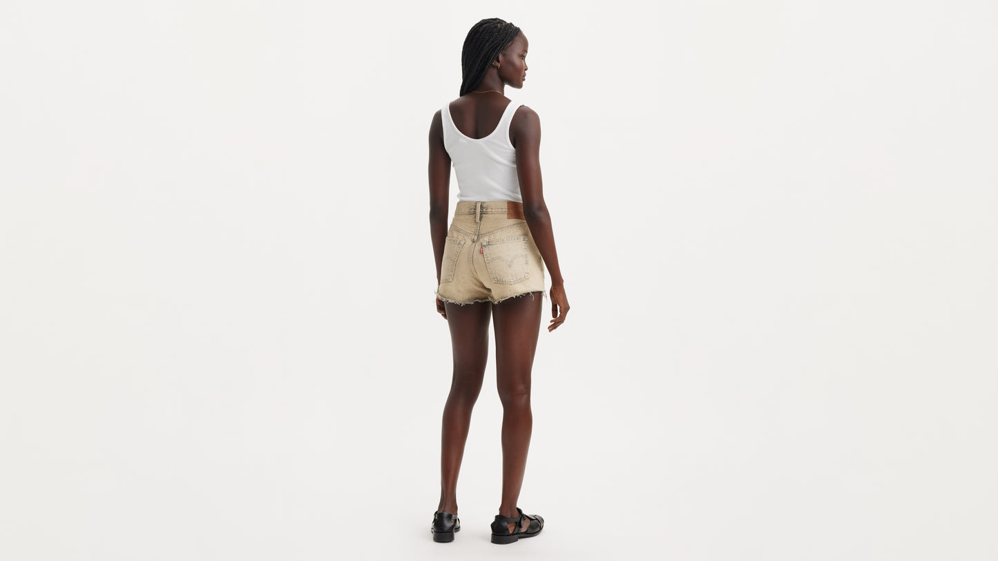 Back view khaki denim shorts with logo patch