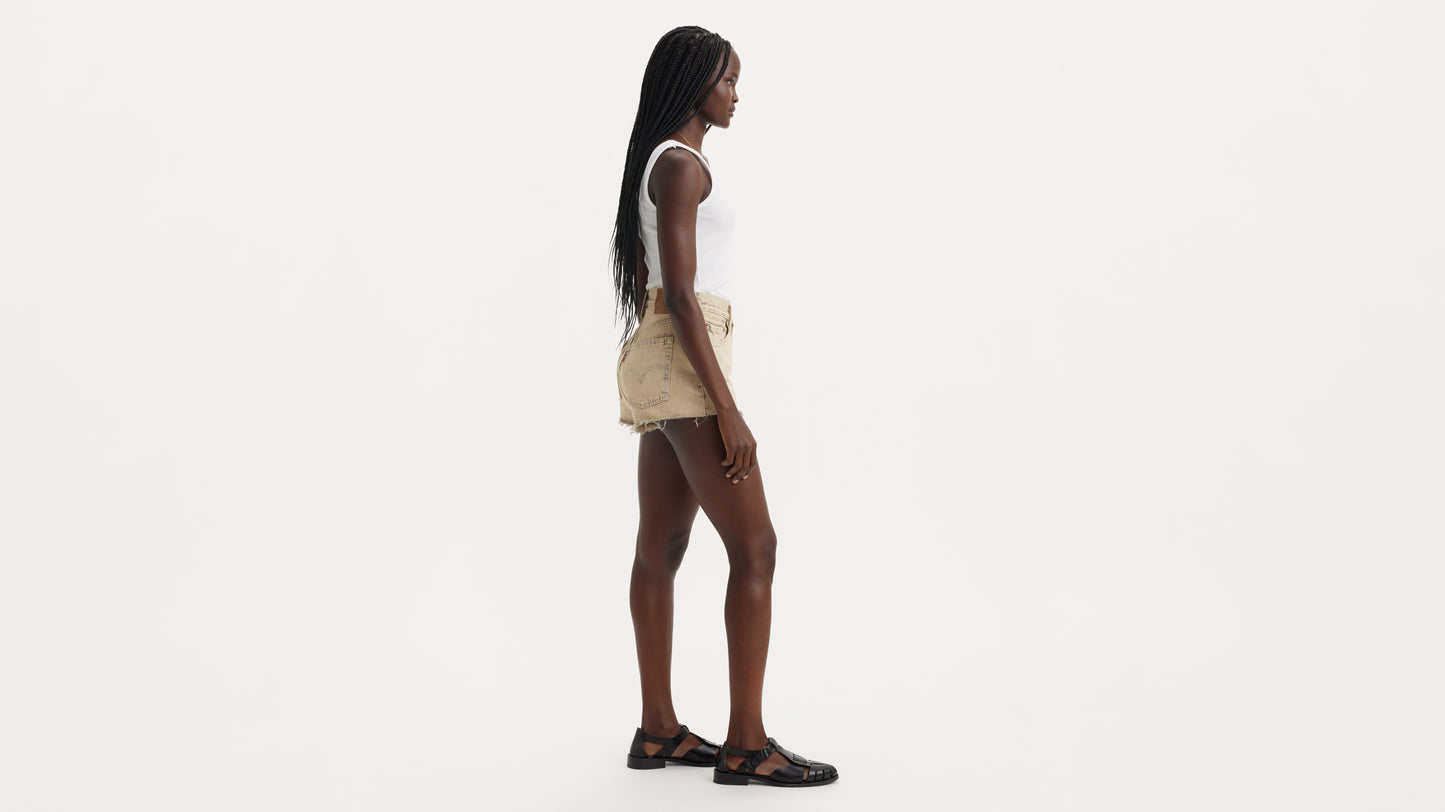 Side view khaki denim shorts with raw hem