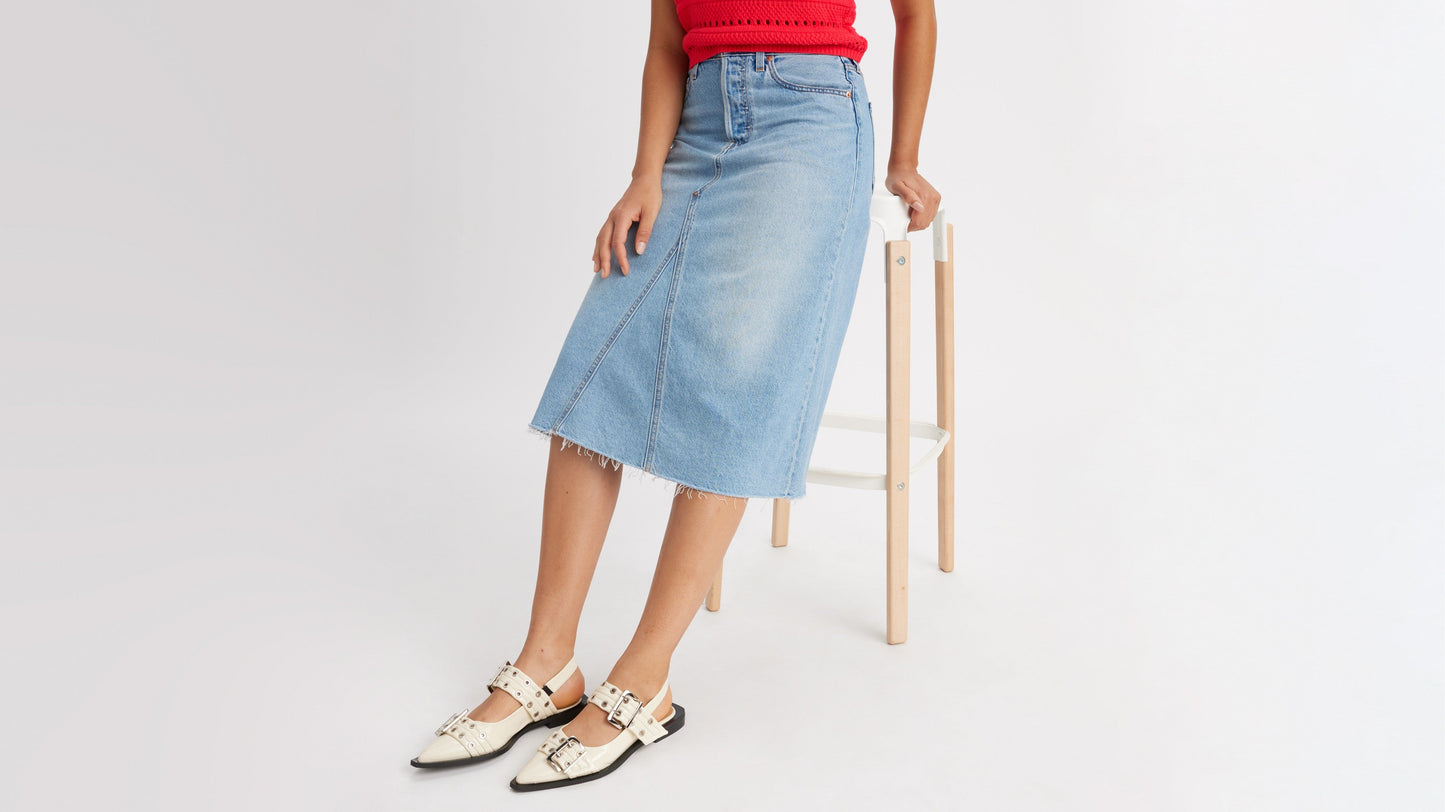 Close-up of light wash Levi's women's high-rise a-Line skirt