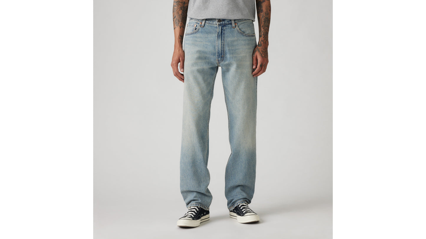 Close-up of Levi's light blue straight-leg jeans