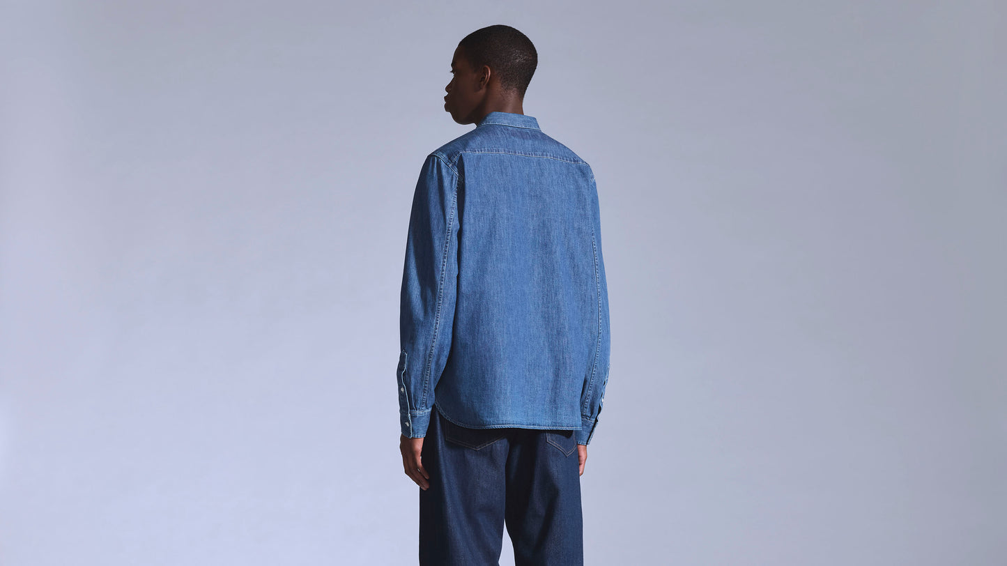 Back view of Levi's blue long-sleeve denim shirt