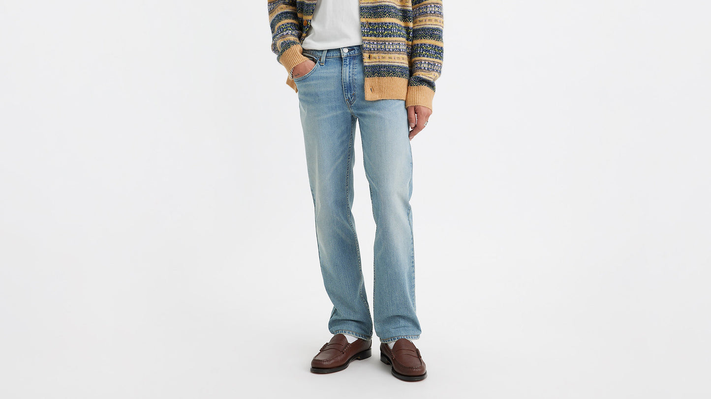 Front view of a person wearing light blue Levi’s 514 jeans with hands in pockets