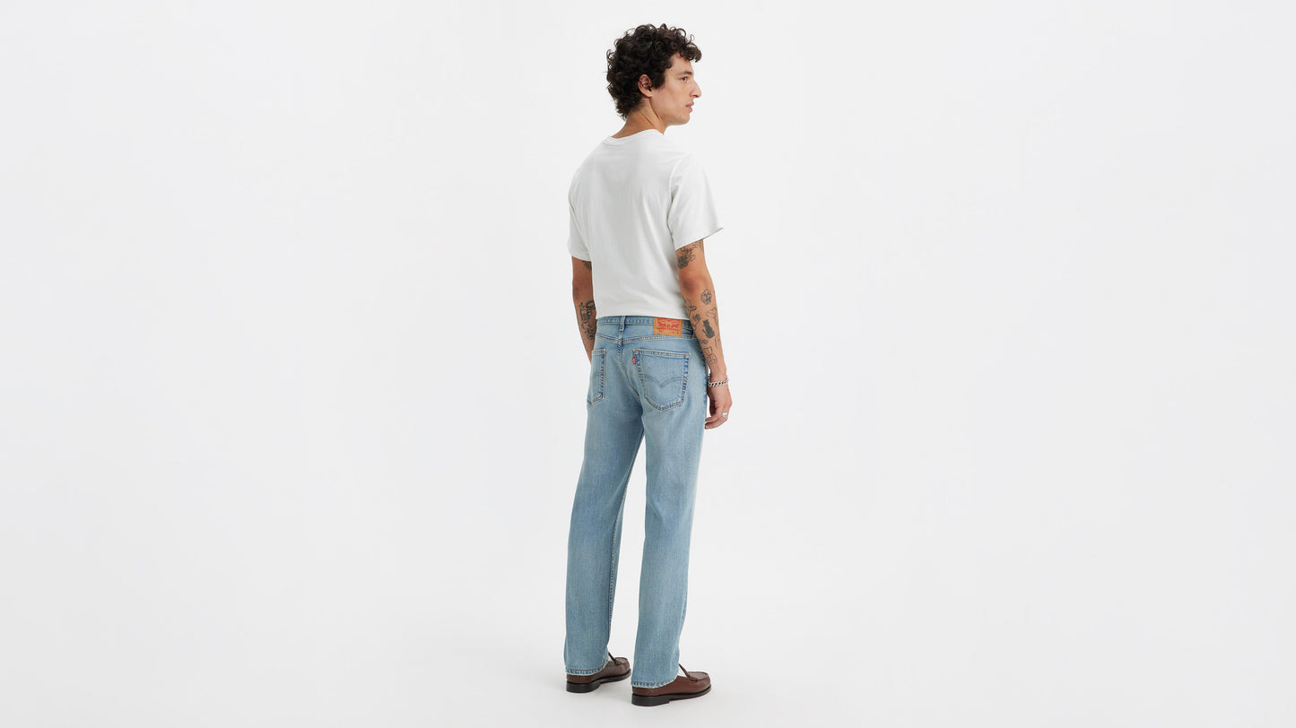 Rear view of a person wearing light blue Levi’s 514 jeans and a white tee