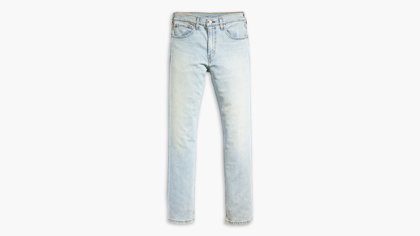 Flat lay of Levi's light blue jeans with a straight cut & a slightly faded finish