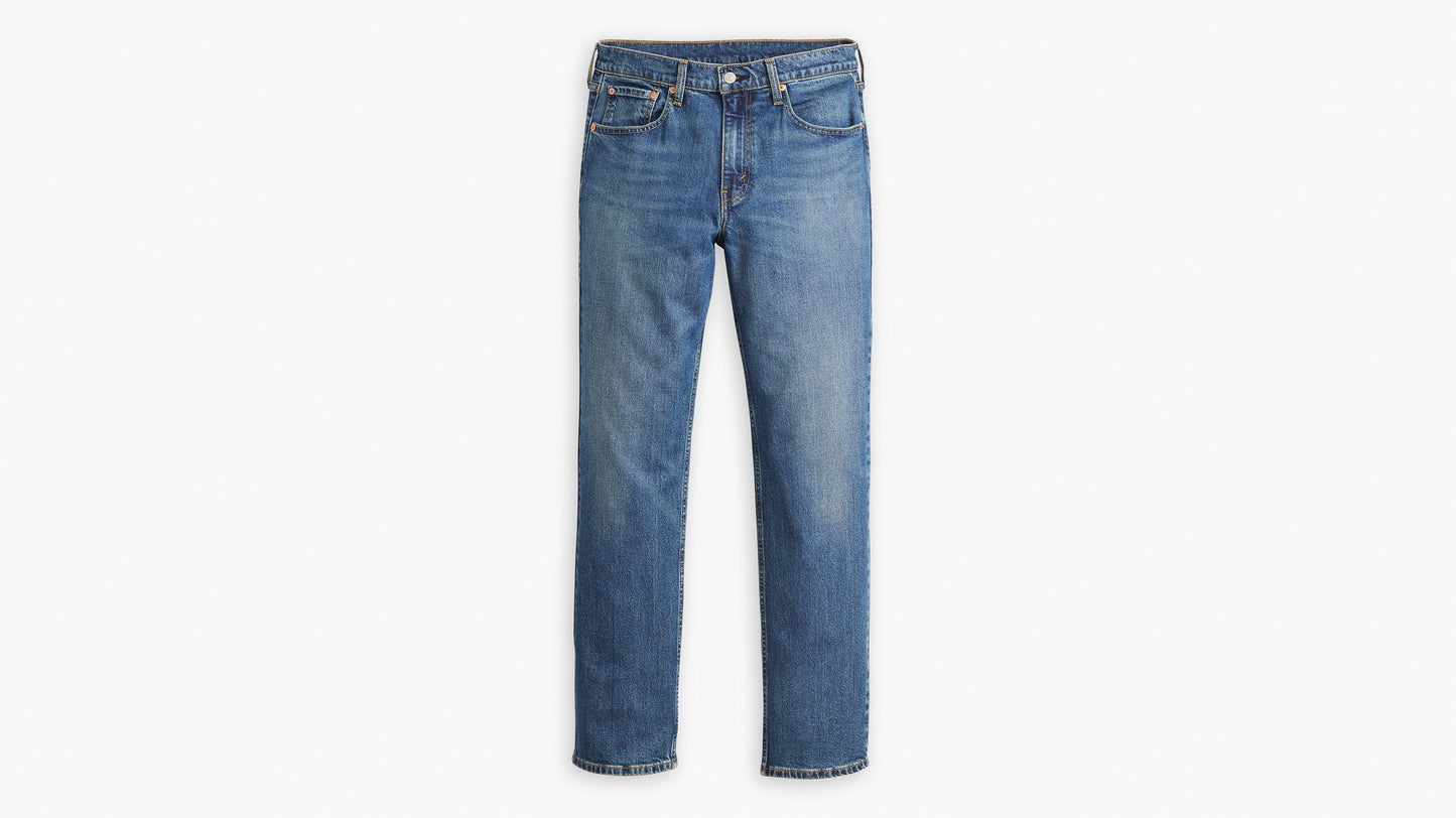 Front view of Levi’s blue jeans with a straight leg cut & faded details
