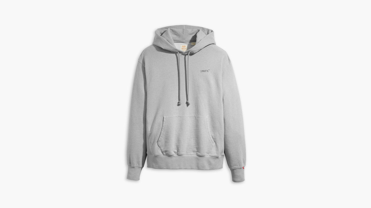 Laid-flat Men's hoodie in grey with tonal Levi’s logo, drawstring, & front pocket