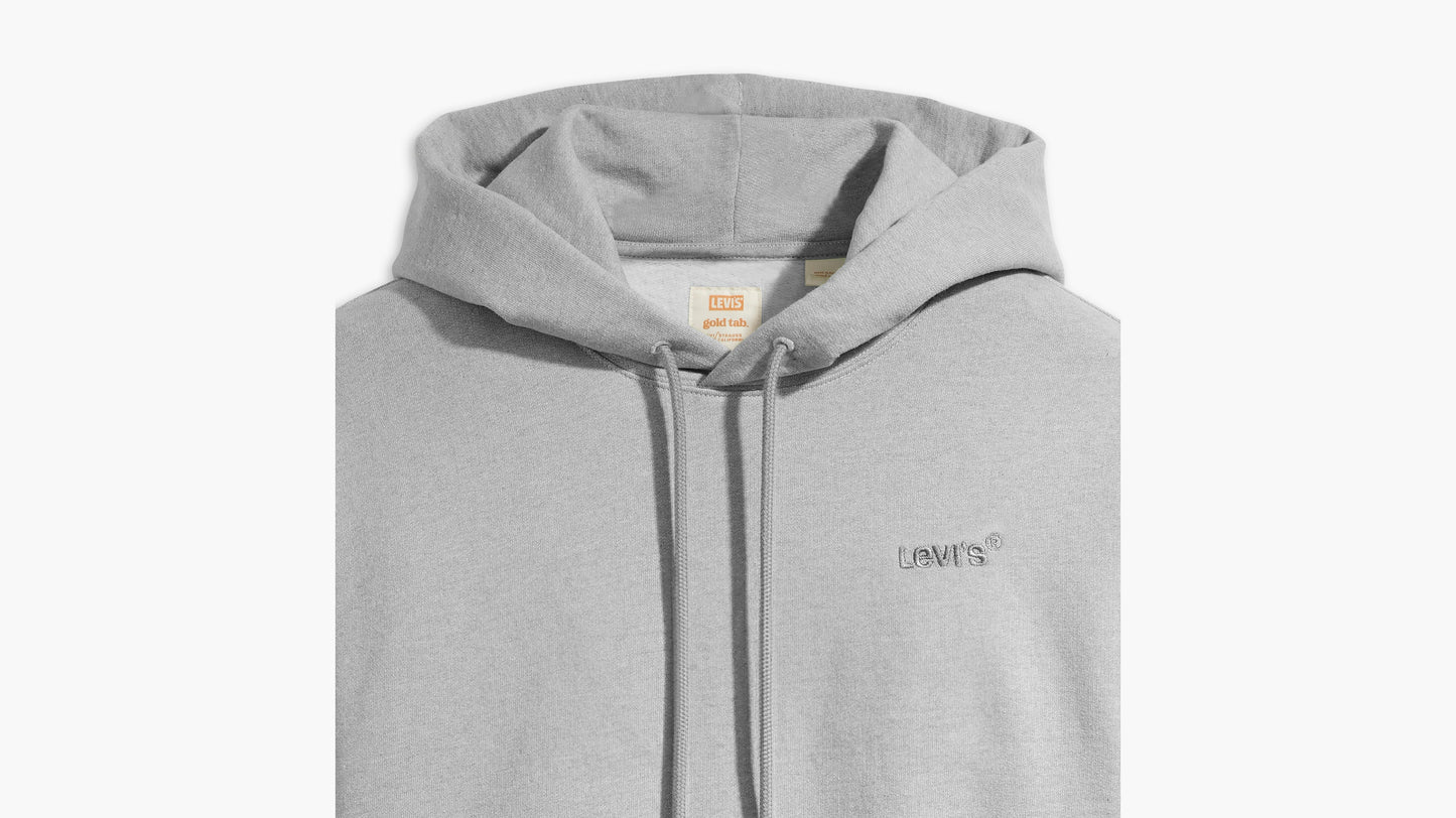 Close-up of grey Levi’s Men's hoodie with drawstrings & embroidered logo