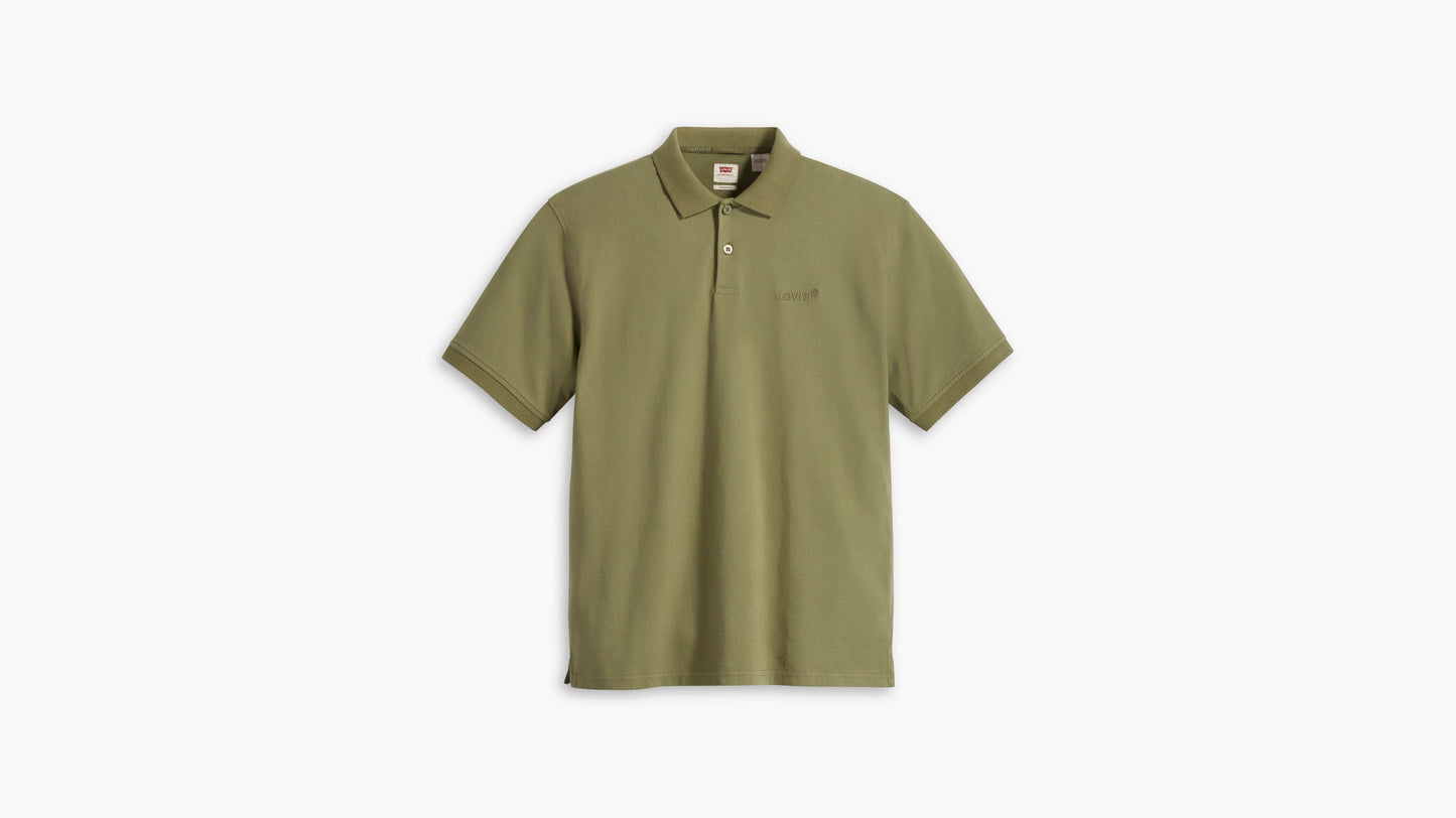 Olive green Levi's polo shirt laid flat