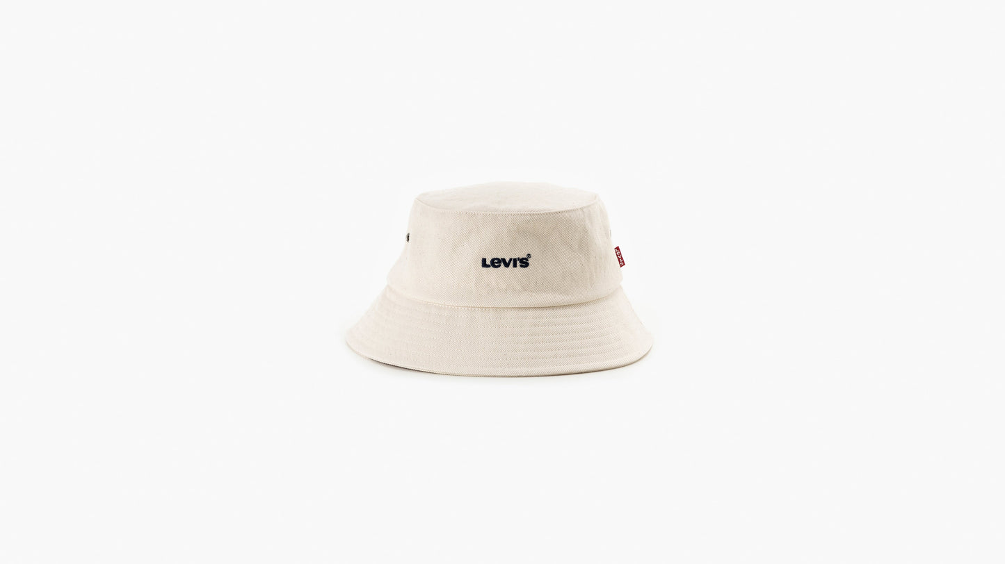 Front view of Beige Levi’s bucket hat with navy text logo and side red label detail