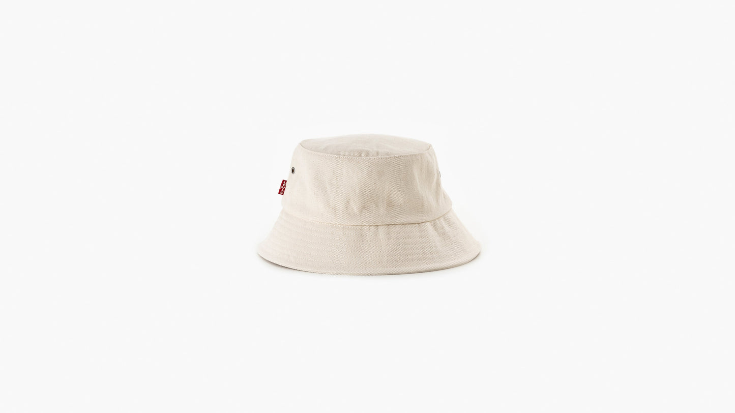Back view of Beige Levi’s bucket hat with navy text logo and side red label detail