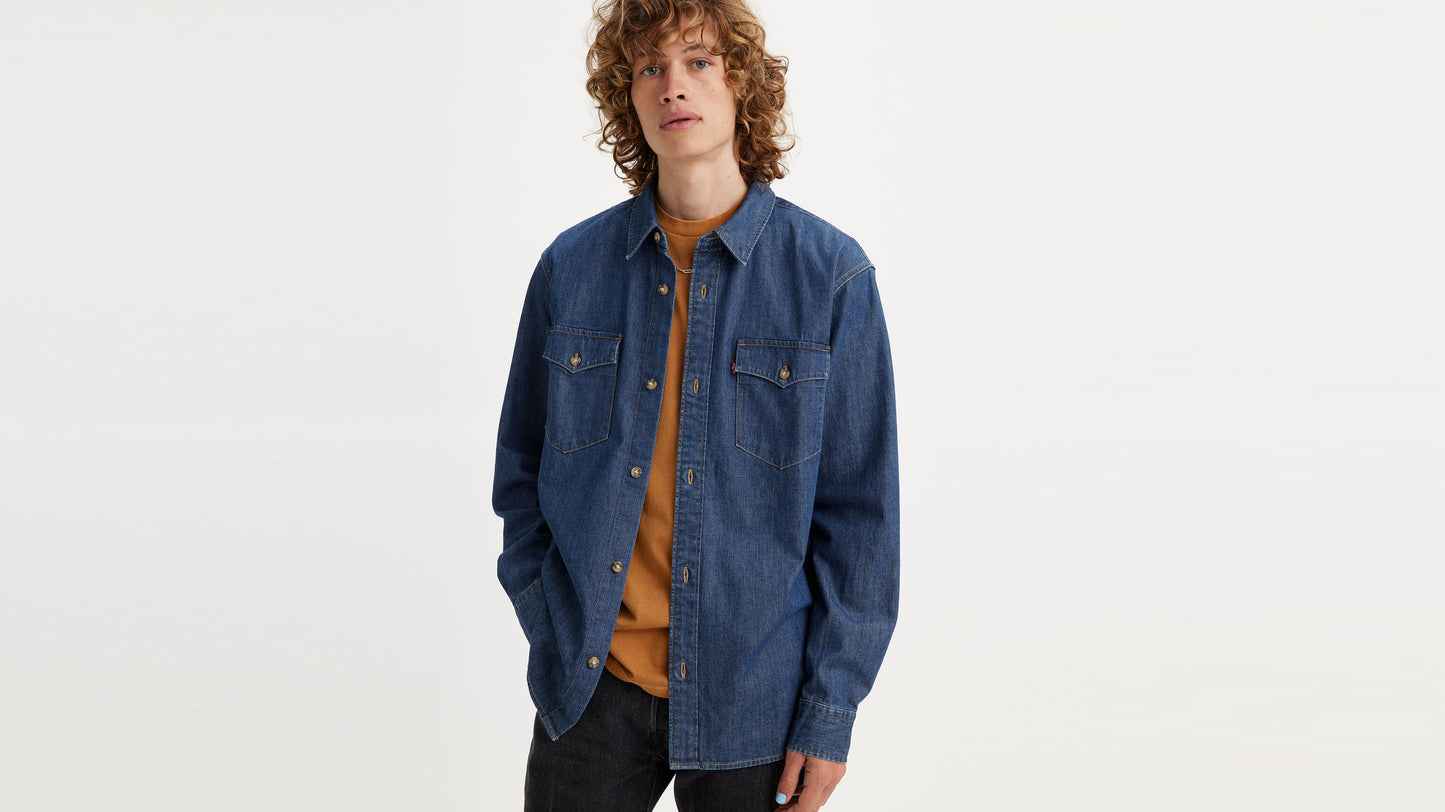 Man in Levi's Relaxed Fit Western Shirt, brown tee and black jeans, front