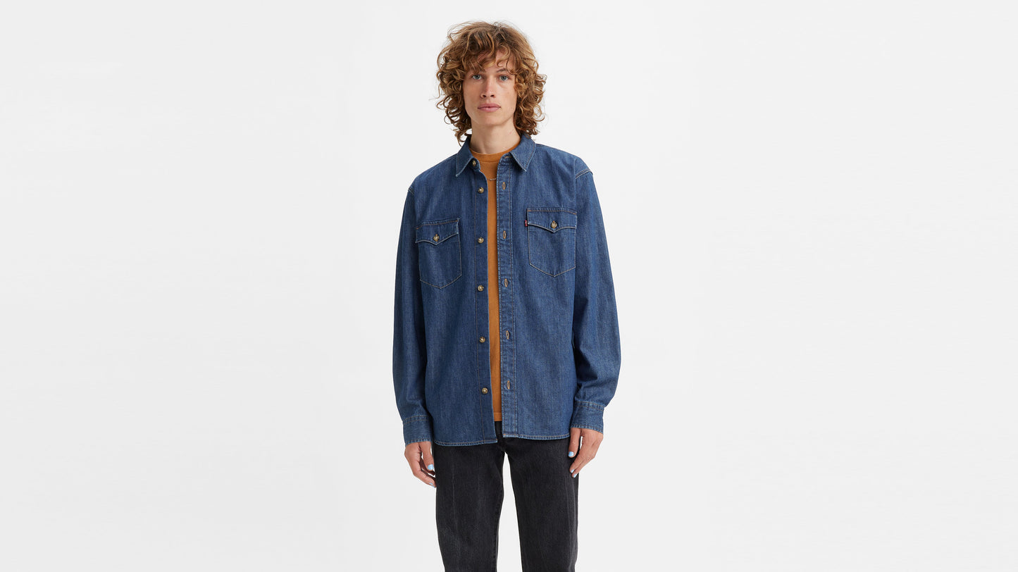 Man in Levi's Relaxed Fit Western Shirt, brown tee and black jeans, front