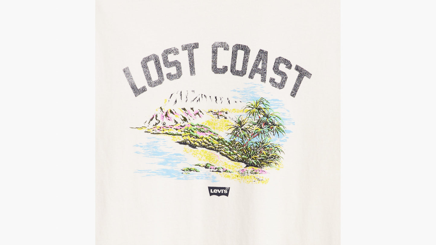 Vintage-style coastal graphic with mountain and sea
