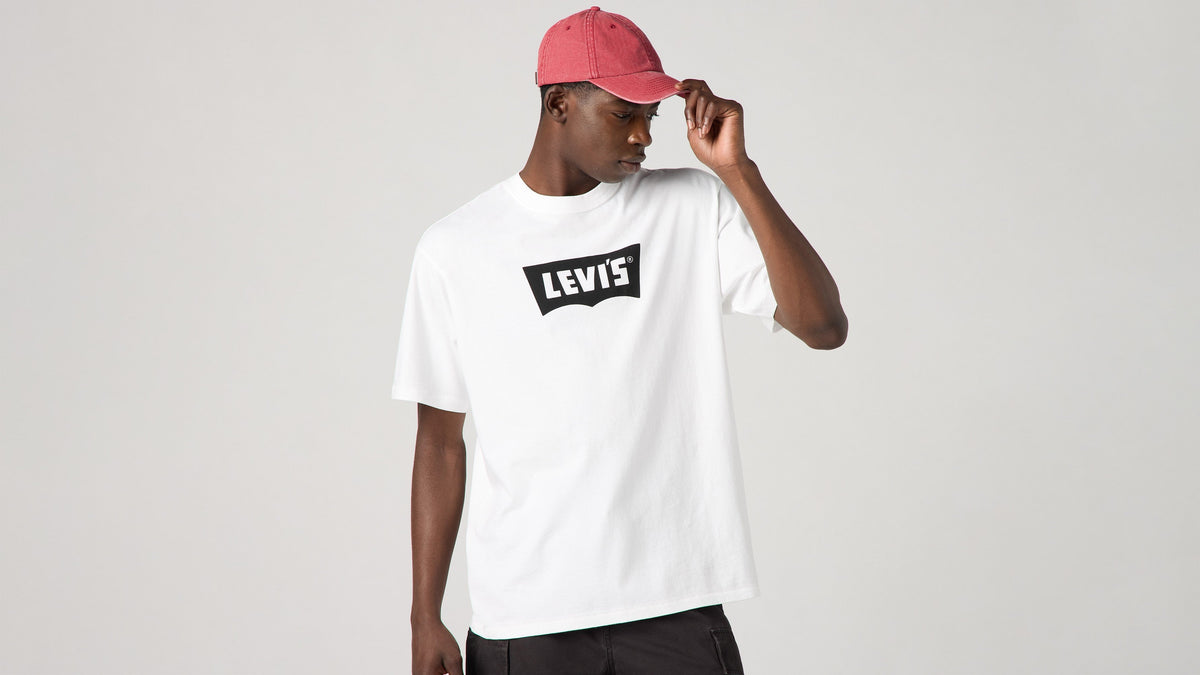 Front view of Levi's mens white tshirt and red cap