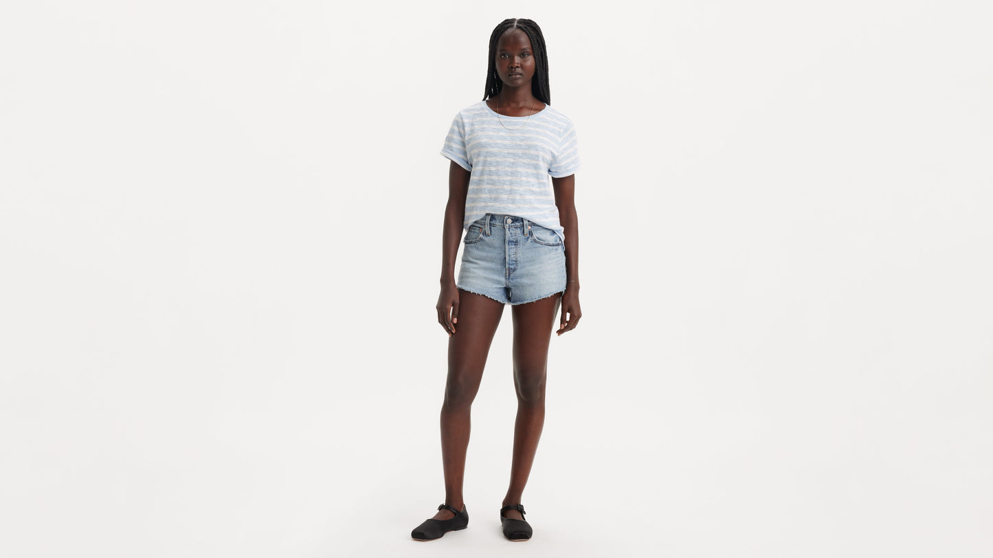 Front view of Levi's 501 Shorts in light blue with striped tee and black flats
