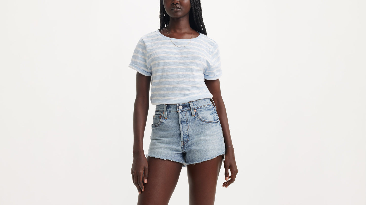 Close-up front of Levi's 501 Shorts in light blue with striped tee and necklace