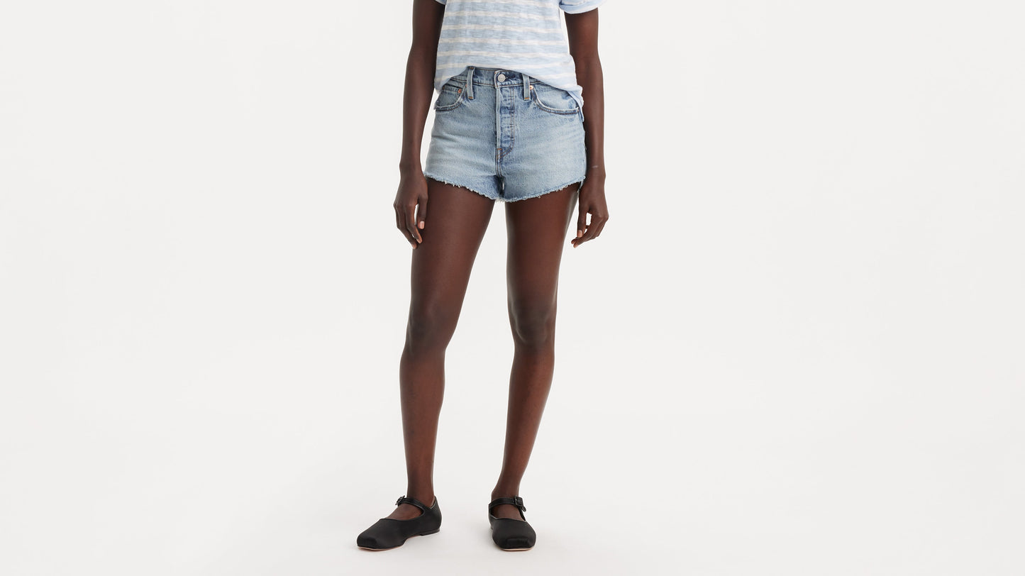 Levi's 501 Shorts in light blue, paired with striped tee and black flats