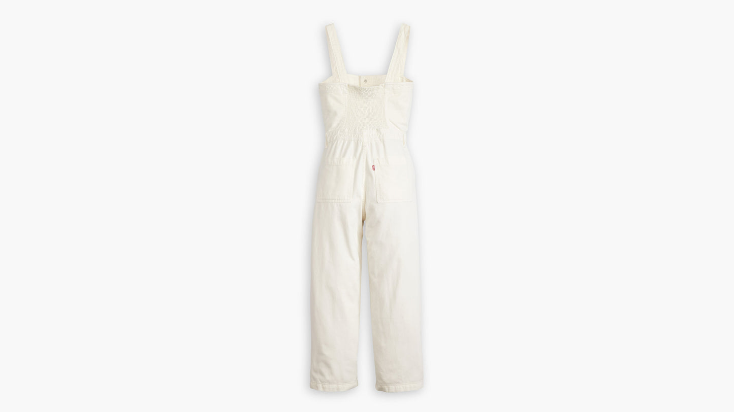 Back of white Levi’s jumpsuit with shirred panel