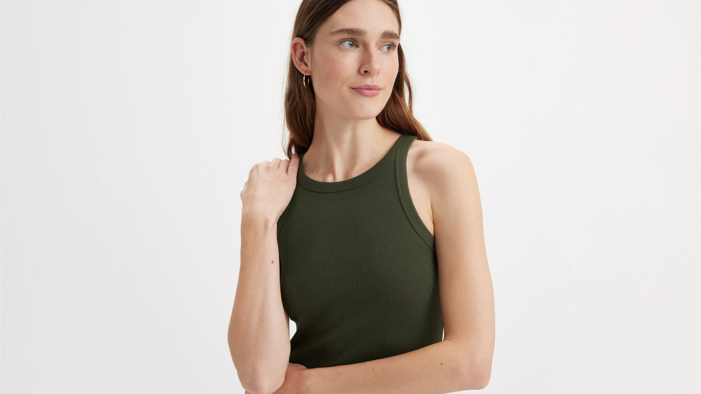 Close-up of woman in olive green Levi's racer tank