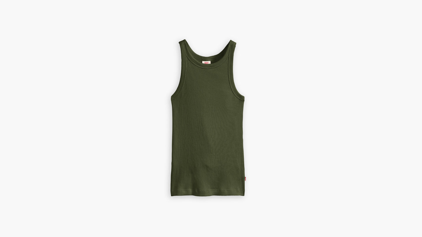 Laid-flat Levi's racer tank in olive green ribbed fabric