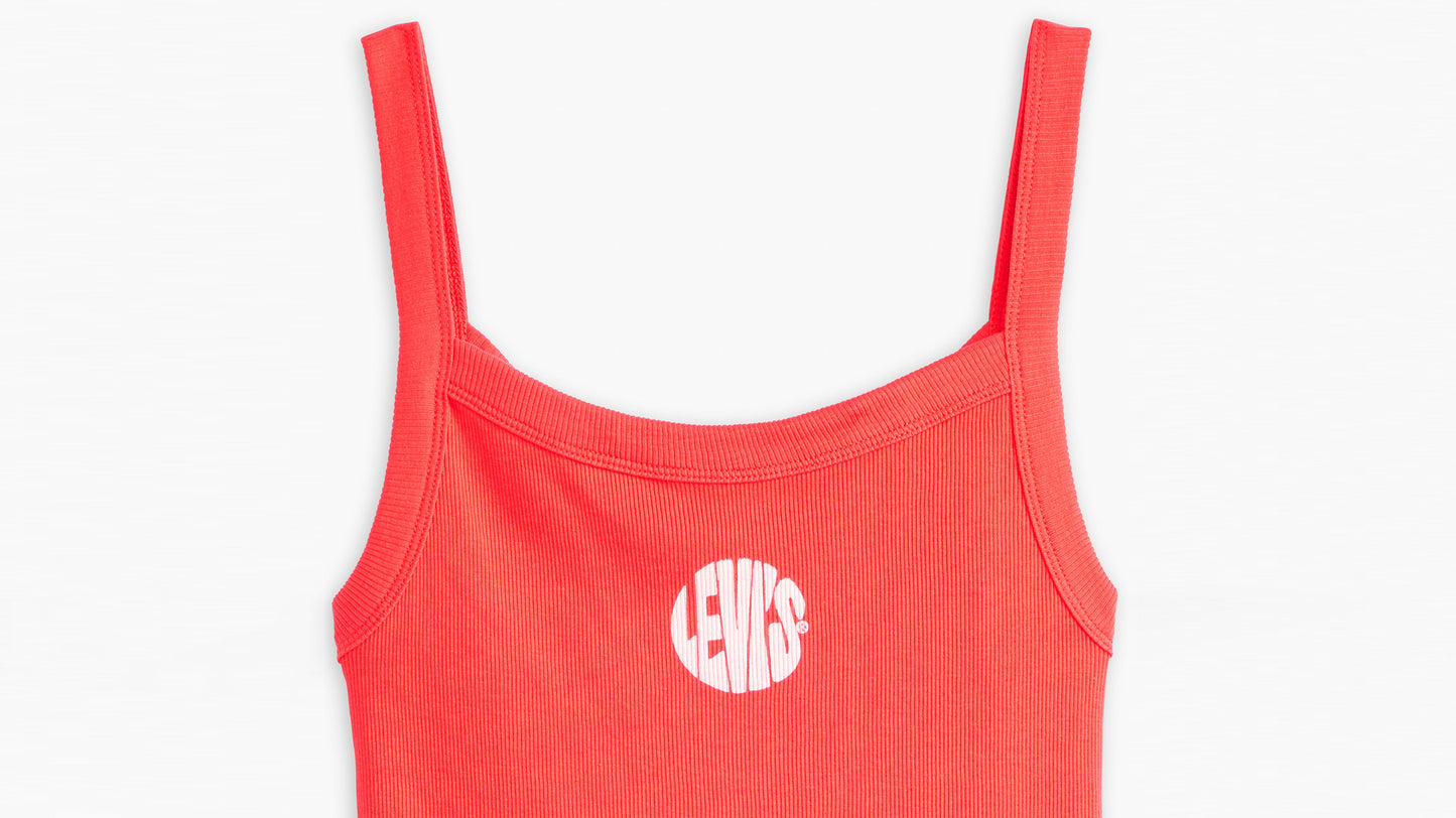 Close-up view of red tank top with white Levi's logo