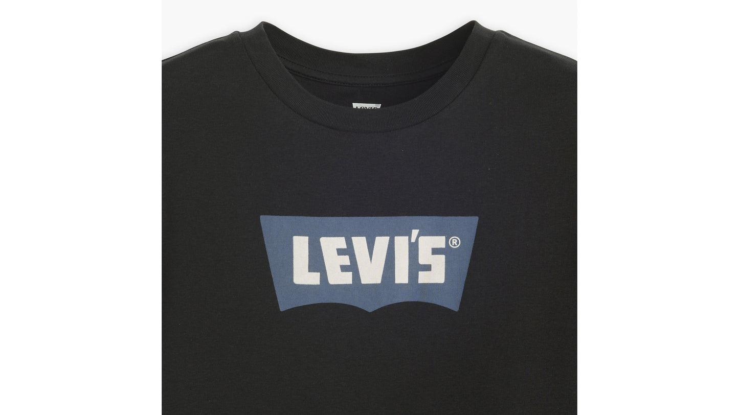Close-up of the Levi's logo on a black t-shirt