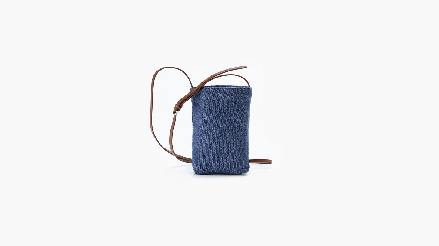 Back view of Levi’s denim pouch with adjustable brown strap