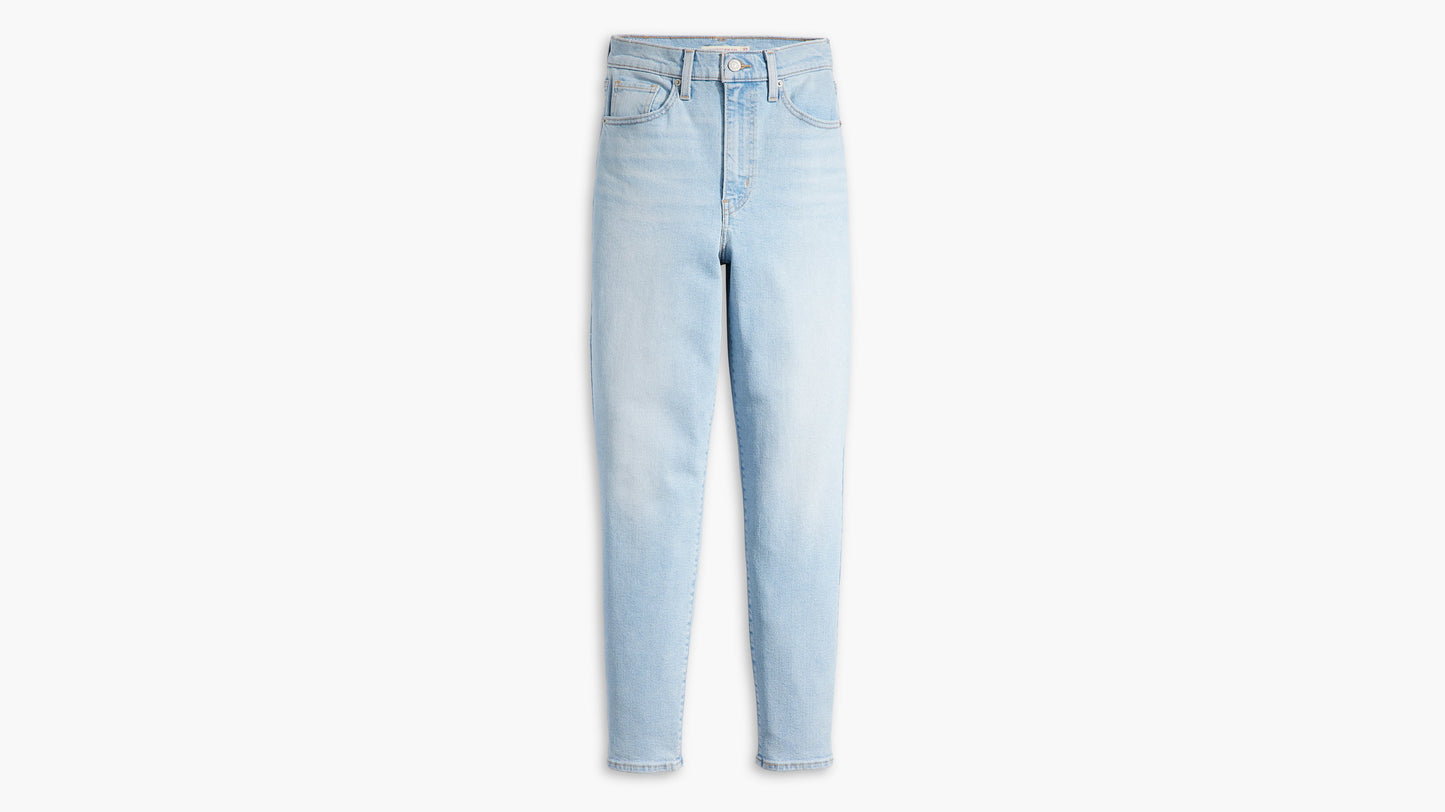 Flat lay of Levi's Women's High-Waisted Mom Jeans in light wash