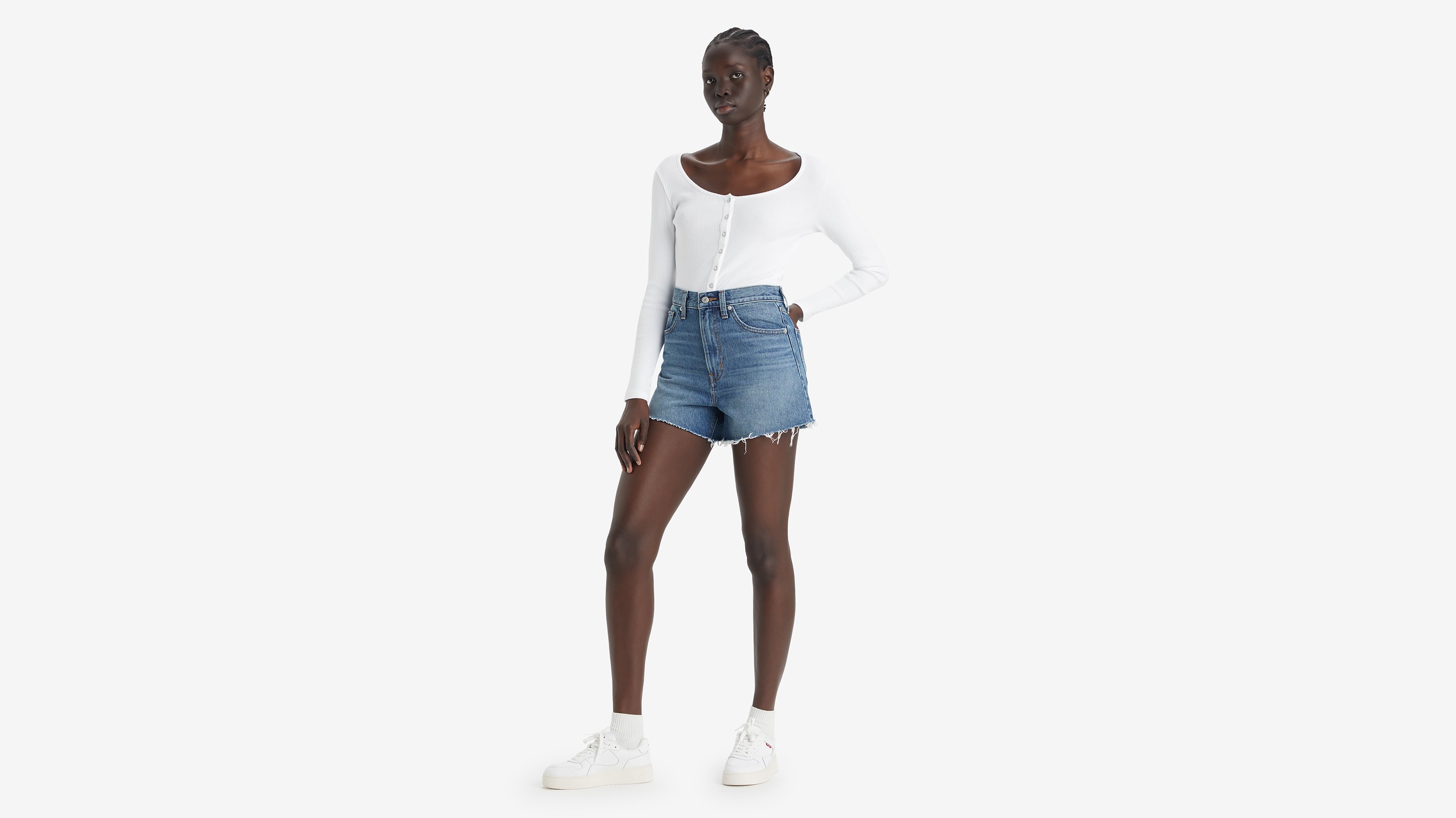 Women s High Waisted Mom Shorts in Med Indigo Worn In