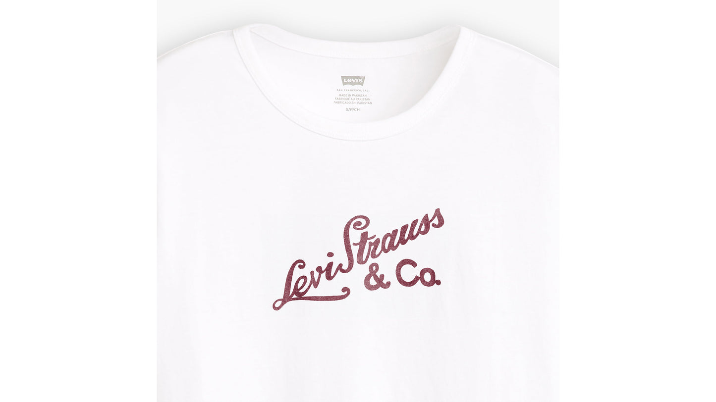 Close-up of white Levi's tee with "Levi Strauss & Co." red logo