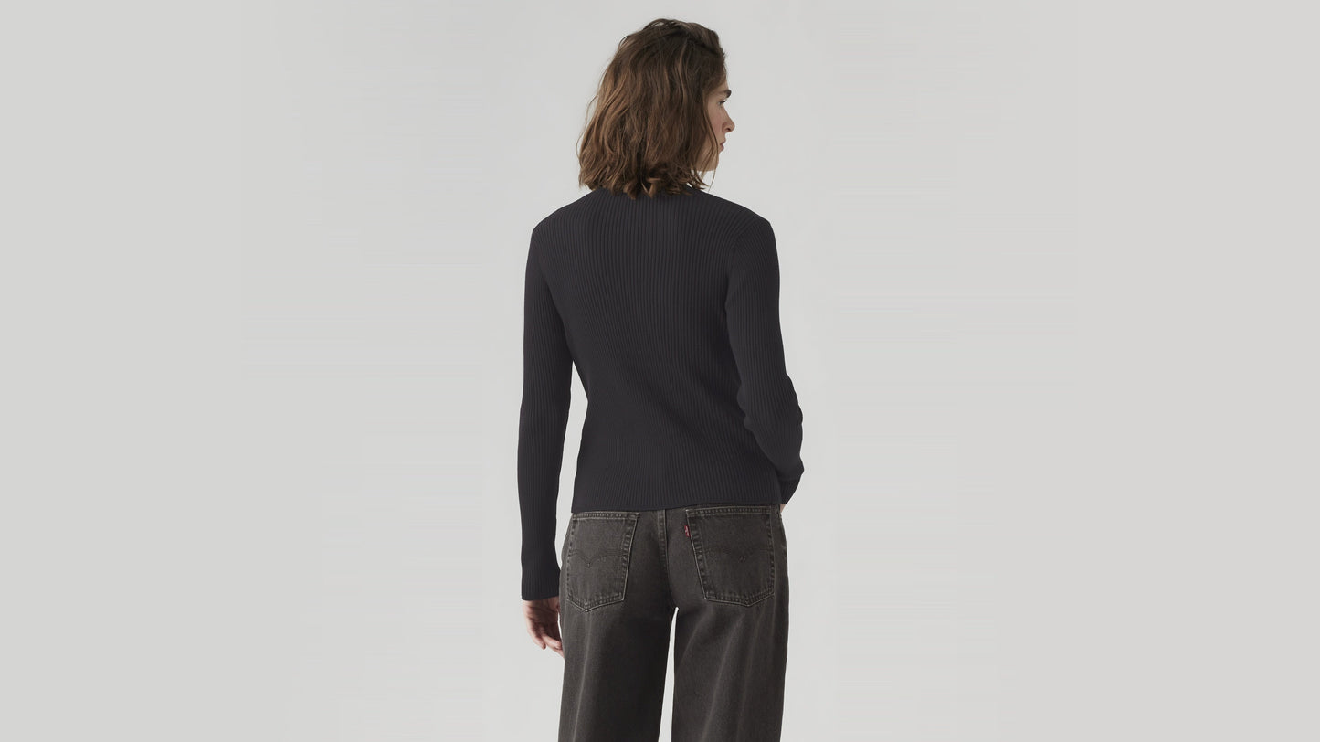 Back view of a fitted black ribbed cardigan on a model