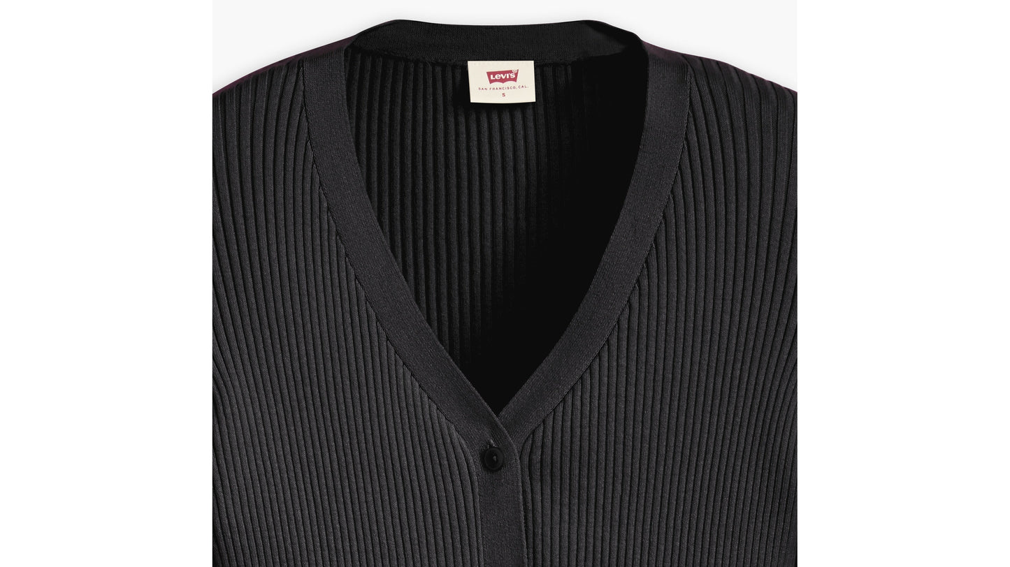 Black ribbed cardigan with buttons and V-neck