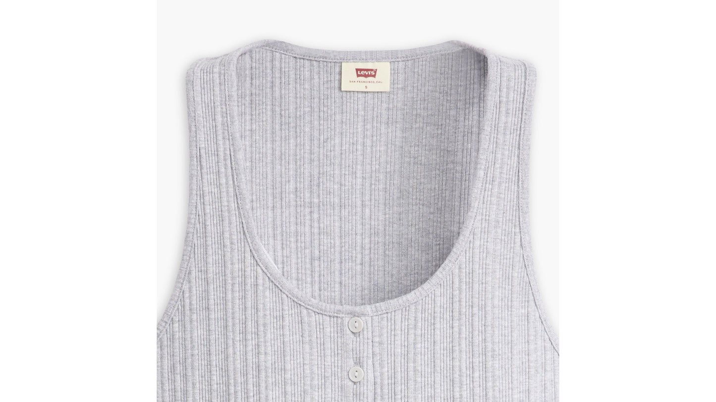 Grey tank top fabric and stitching shown up close