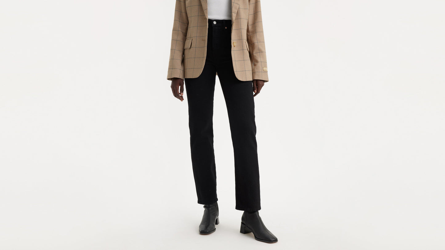 Black Wedgie Straight jeans styled with plaid blazer and ankle boots