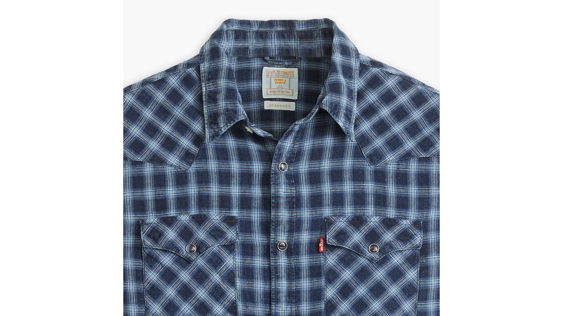 Close-up of Levi's standard plaid overshirt in blue