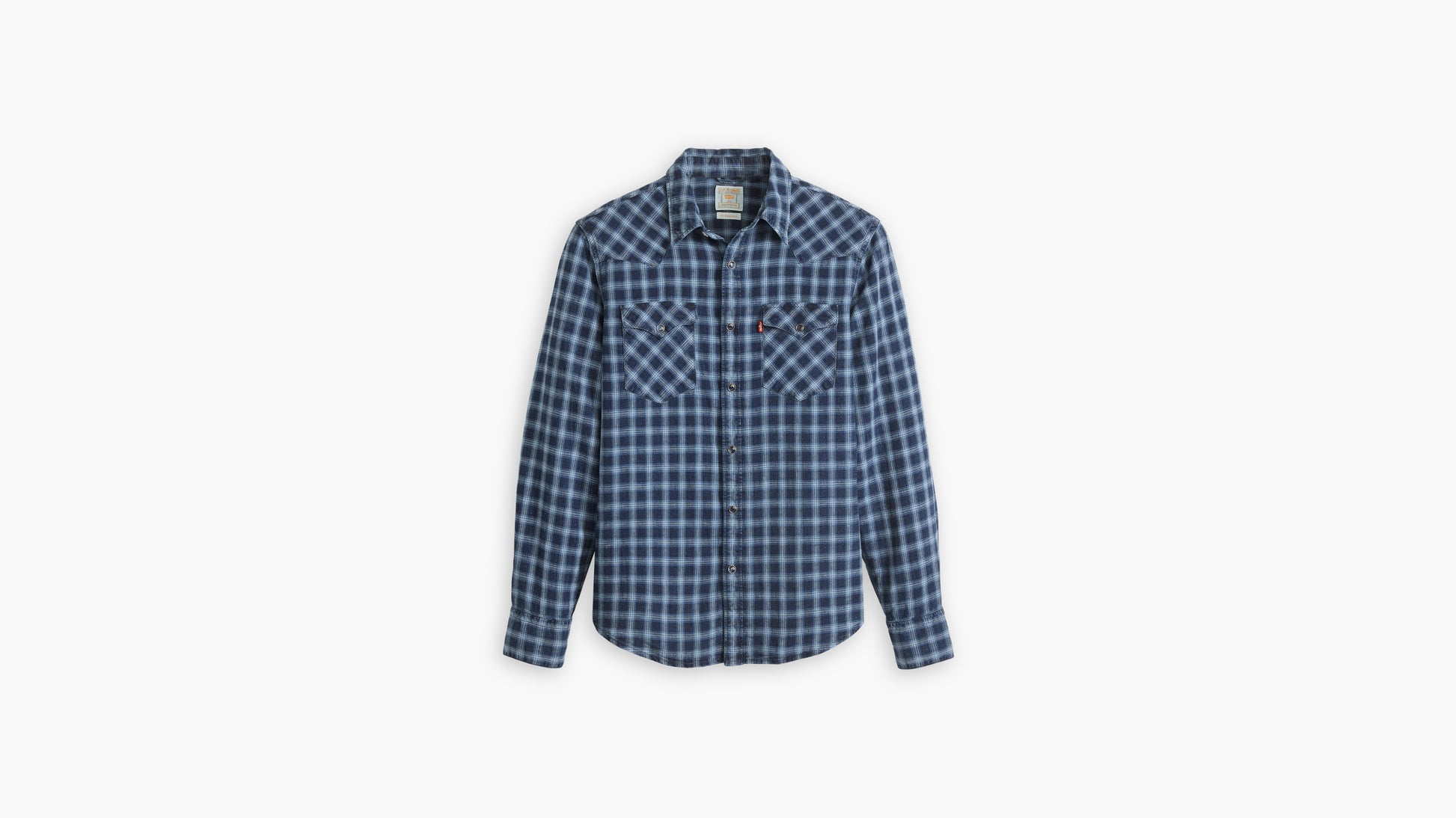 Blue plaid long-sleeve shirt with snap buttons