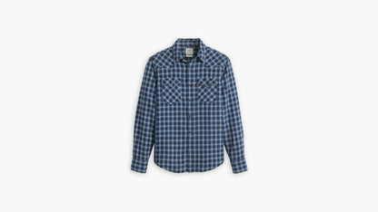 Blue plaid long-sleeve shirt with snap buttons