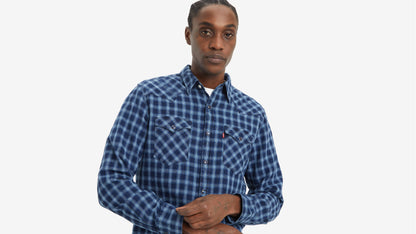 Man in blue plaid button-up shirt