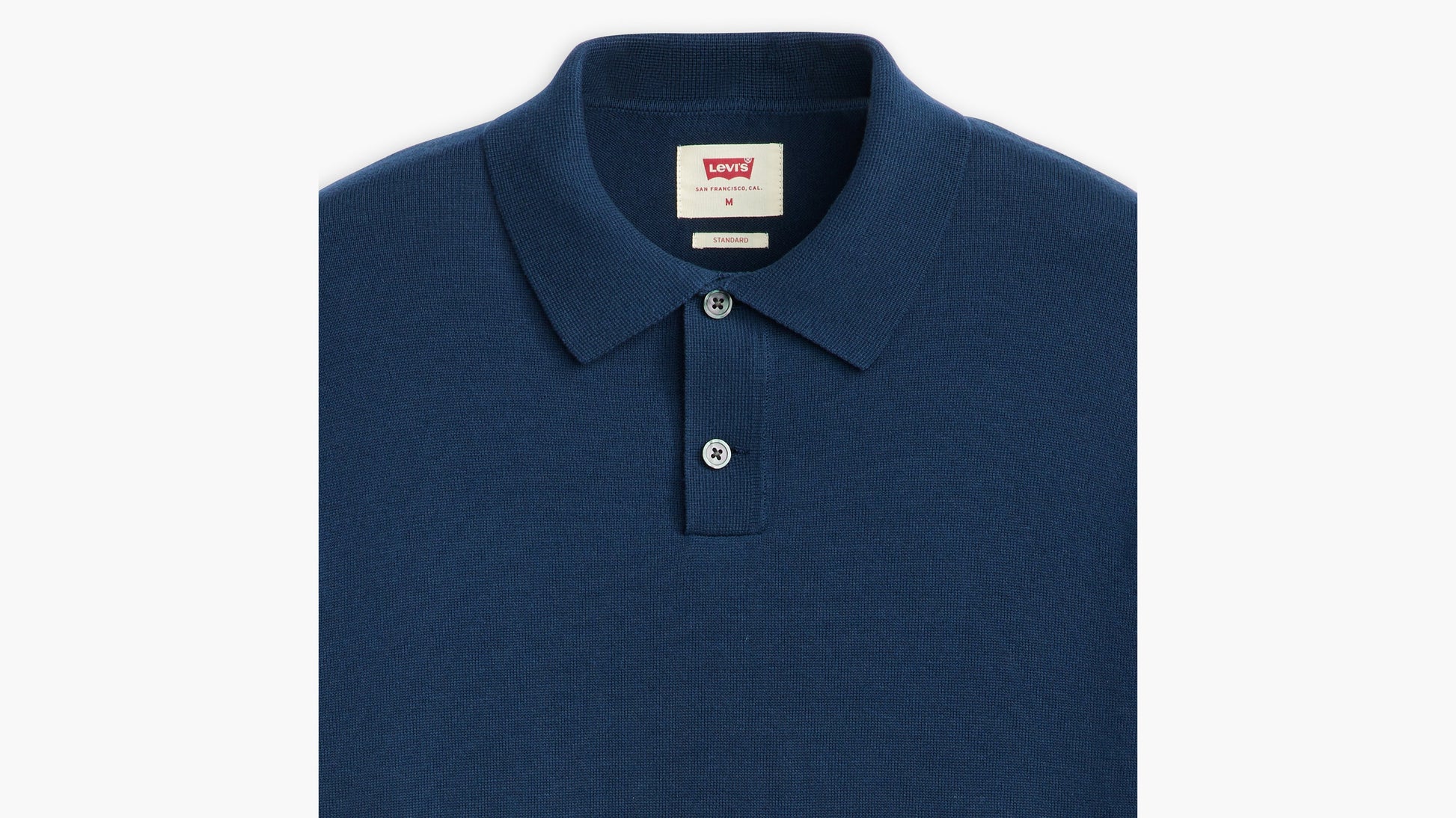 Close-up of blue Levi's Men's sweater knit polo collar